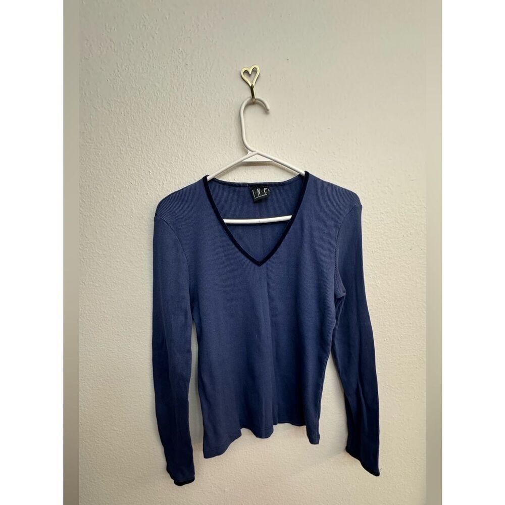 INC International Concepts Navy Blue Ribbed Top with Velvet Trim - Large